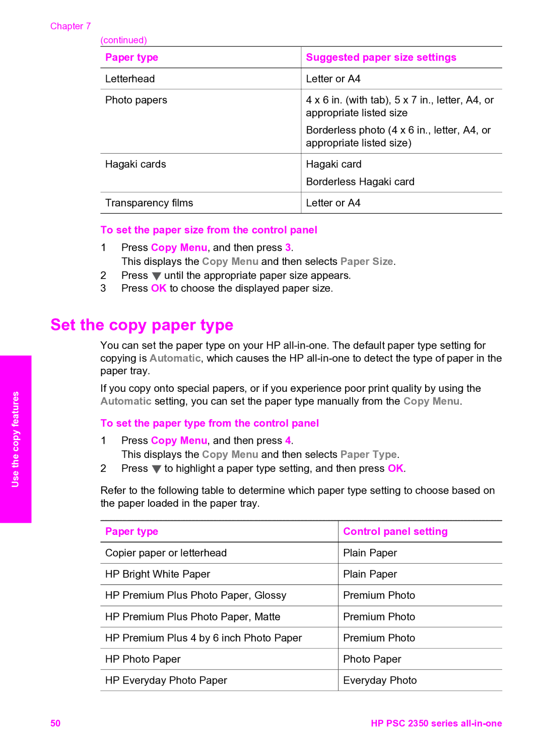 HP 2350, 2355v Set the copy paper type, To set the paper size from the control panel, Paper type Control panel setting 