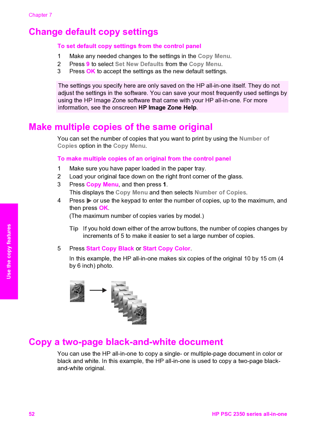 HP 2350 Change default copy settings, Make multiple copies of the same original, Copy a two-page black-and-white document 