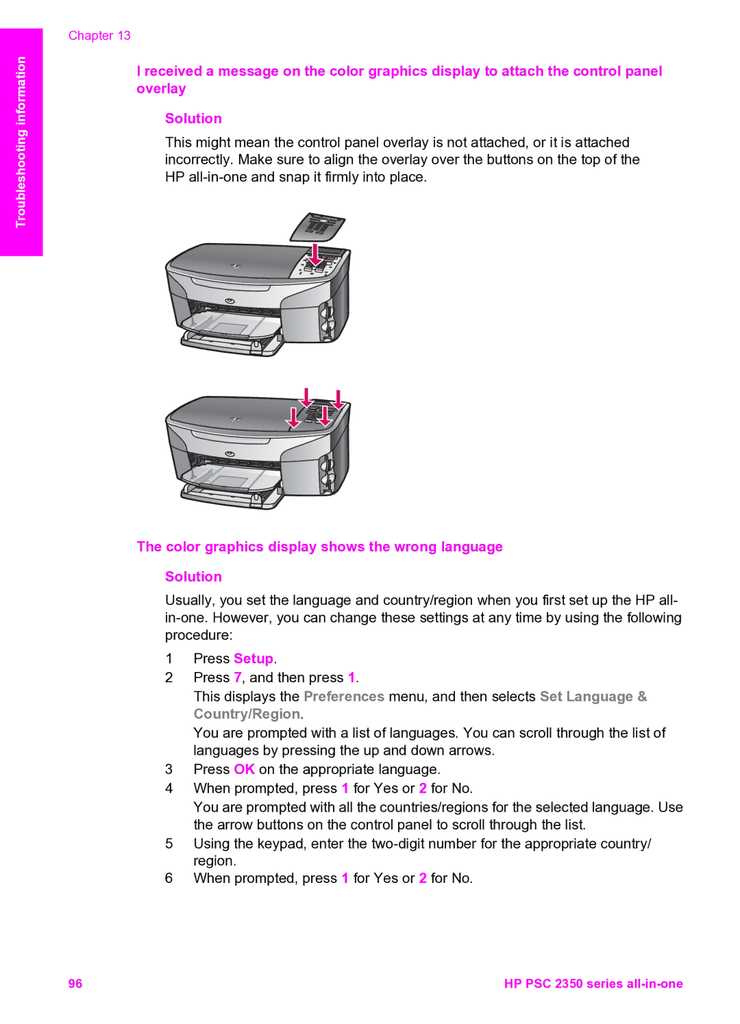 HP 2350, 2355v manual Color graphics display shows the wrong language Solution 