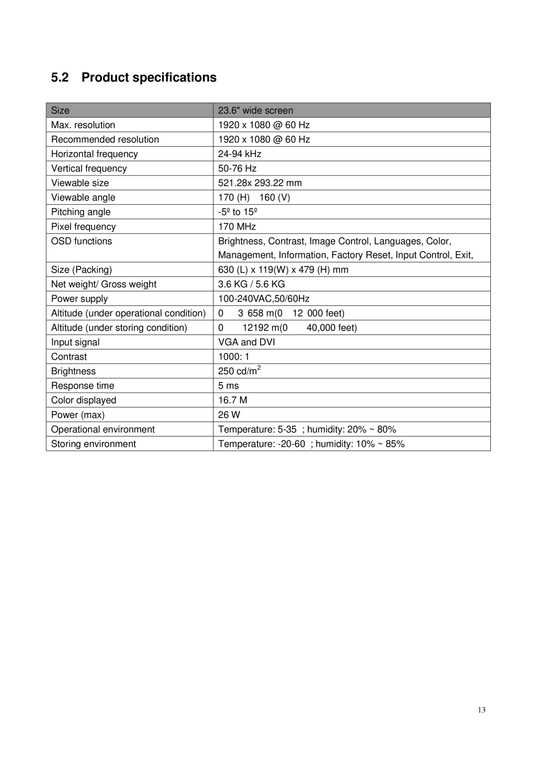 HP 23.6' C5U90AA#ABA manual Product specifications 