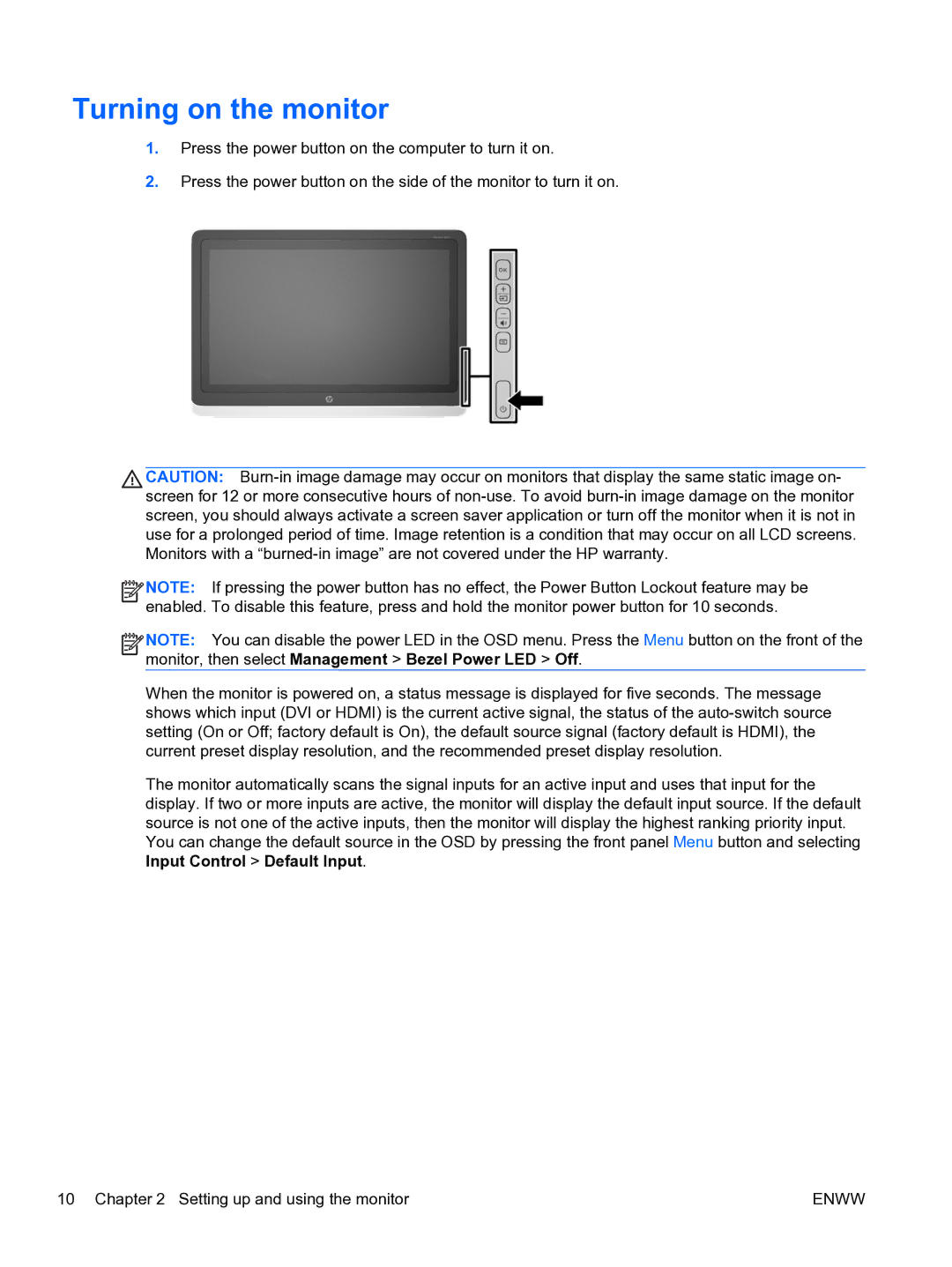 HP 23tm Diagonal Touch manual Turning on the monitor 