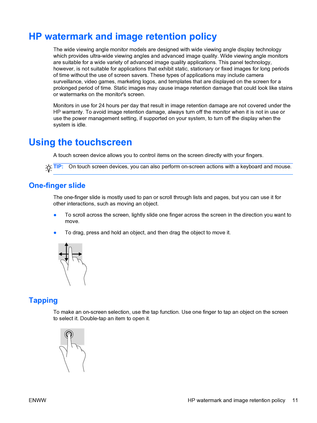 HP 23tm Diagonal Touch manual HP watermark and image retention policy, Using the touchscreen, One-finger slide, Tapping 