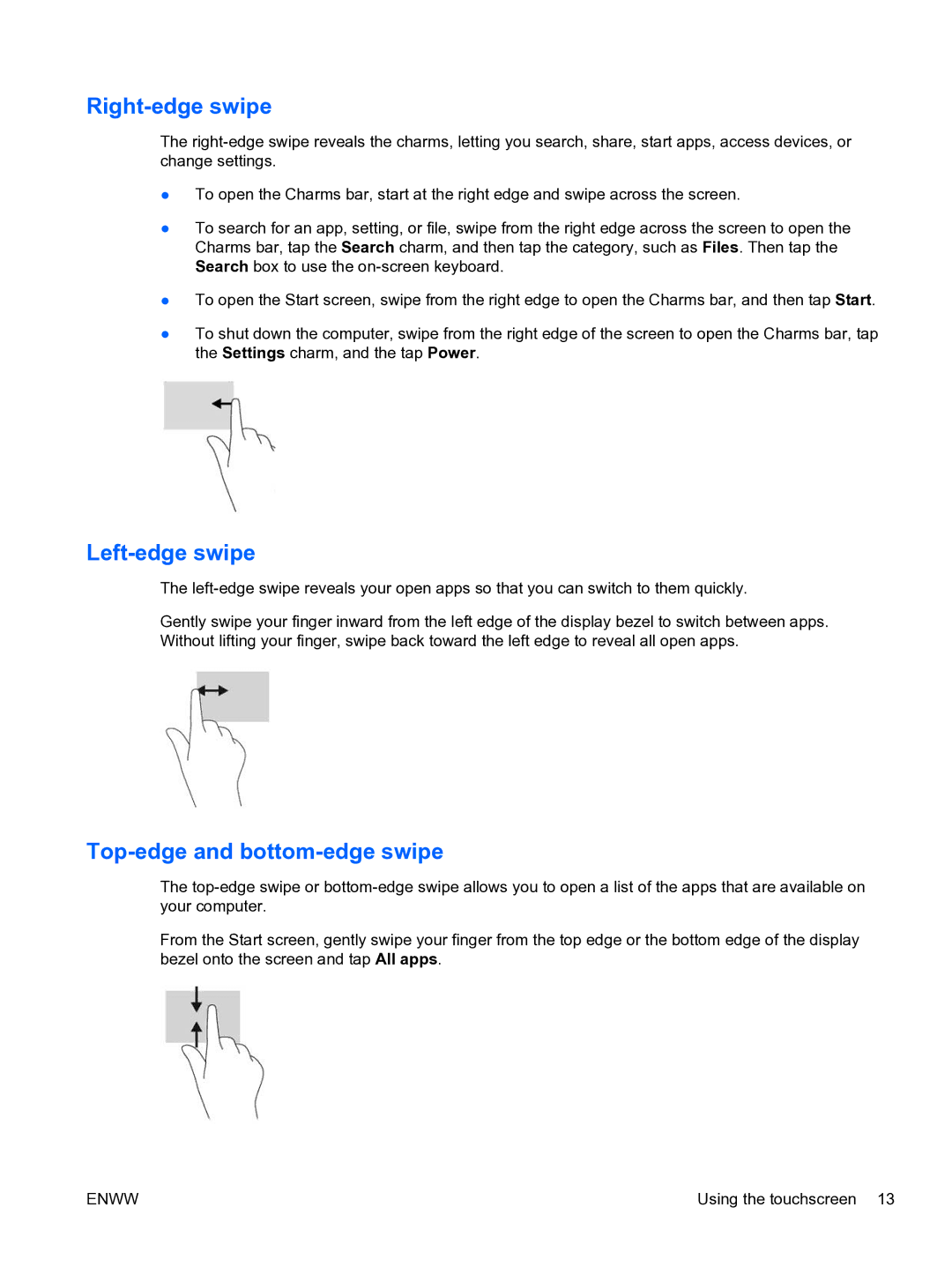 HP 23tm Diagonal Touch manual Right-edge swipe, Left-edge swipe, Top-edge and bottom-edge swipe 