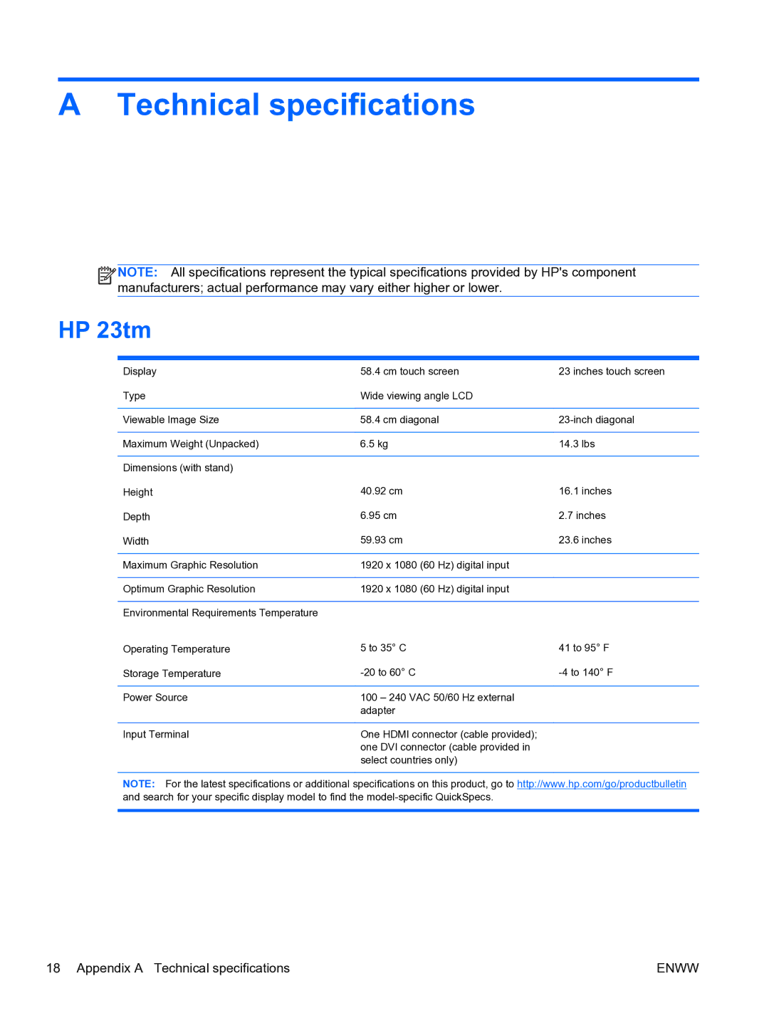 HP 23tm Diagonal Touch manual Technical specifications, HP 23tm 