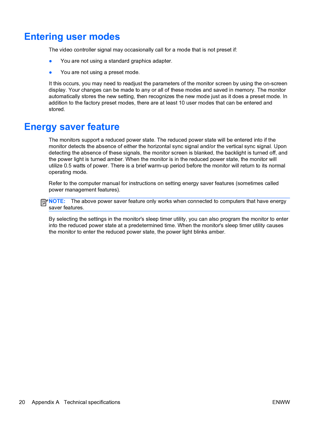 HP 23tm Diagonal Touch manual Entering user modes, Energy saver feature 