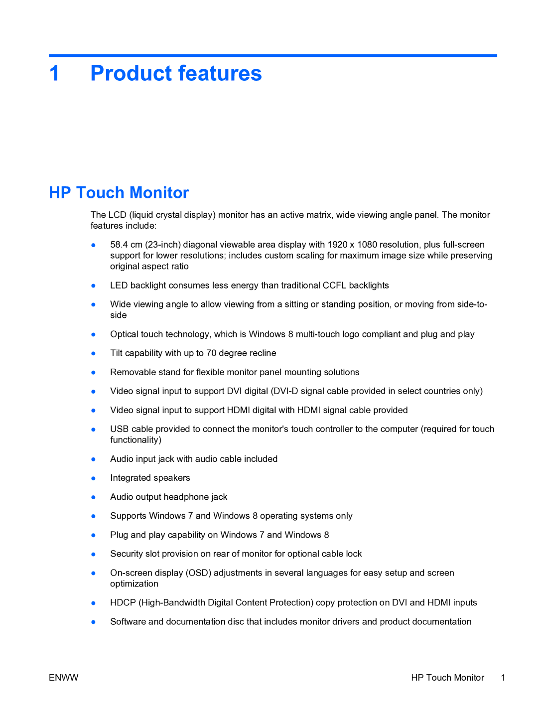 HP 23tm Diagonal Touch manual Product features, HP Touch Monitor 