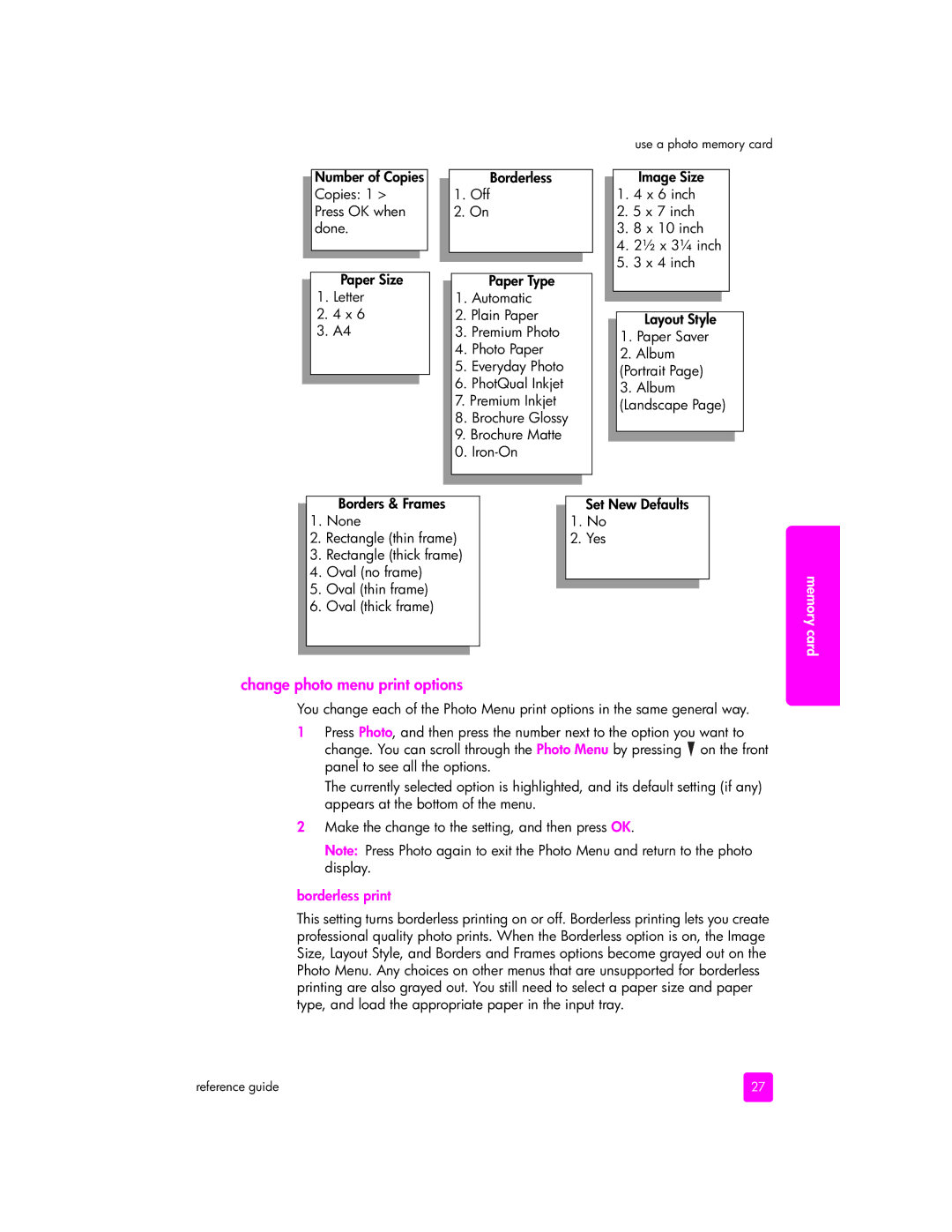 HP 2400 2410xi (Q3088A), 2400 2420 (Q3085A), 2400 2410v (Q3089A) manual Change photo menu print options, Borderless print 