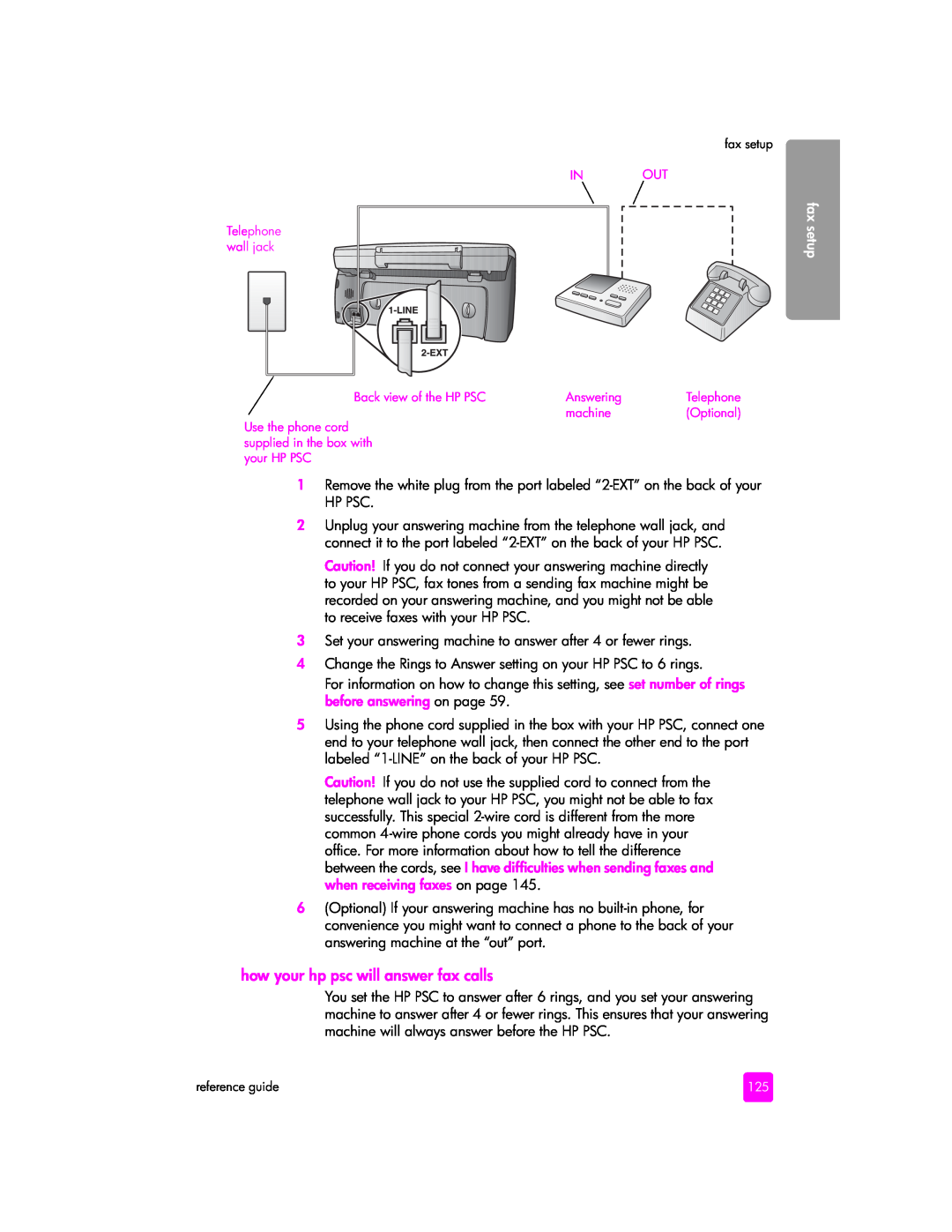 HP 2400 2405 (Q3086A), 2400 2420 (Q3085A), 2400 2410xi (Q3088A) manual how your hp psc will answer fax calls, fax setup 