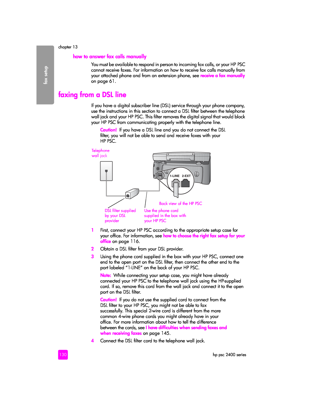 HP 2400 2410v (Q3089A) faxing from a DSL line, how to answer fax calls manually, fax setup, Back view of the HP PSC 