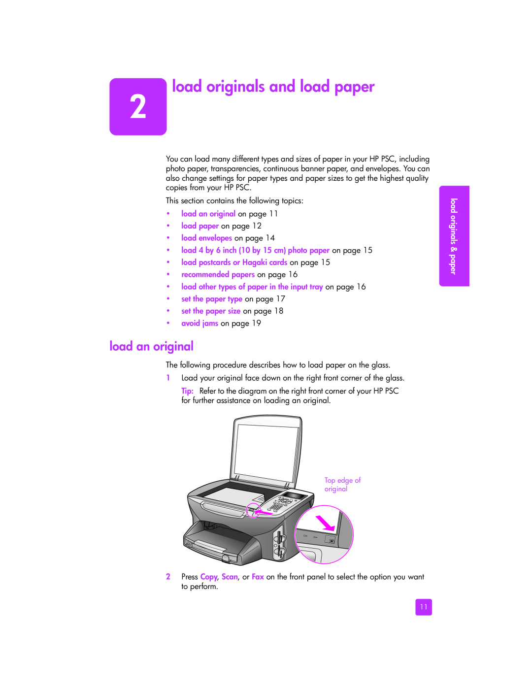 HP 2400 2405 (Q3086A) load originals and load paper, load an original, load 4 by 6 inch 10 by 15 cm photo paper on page 