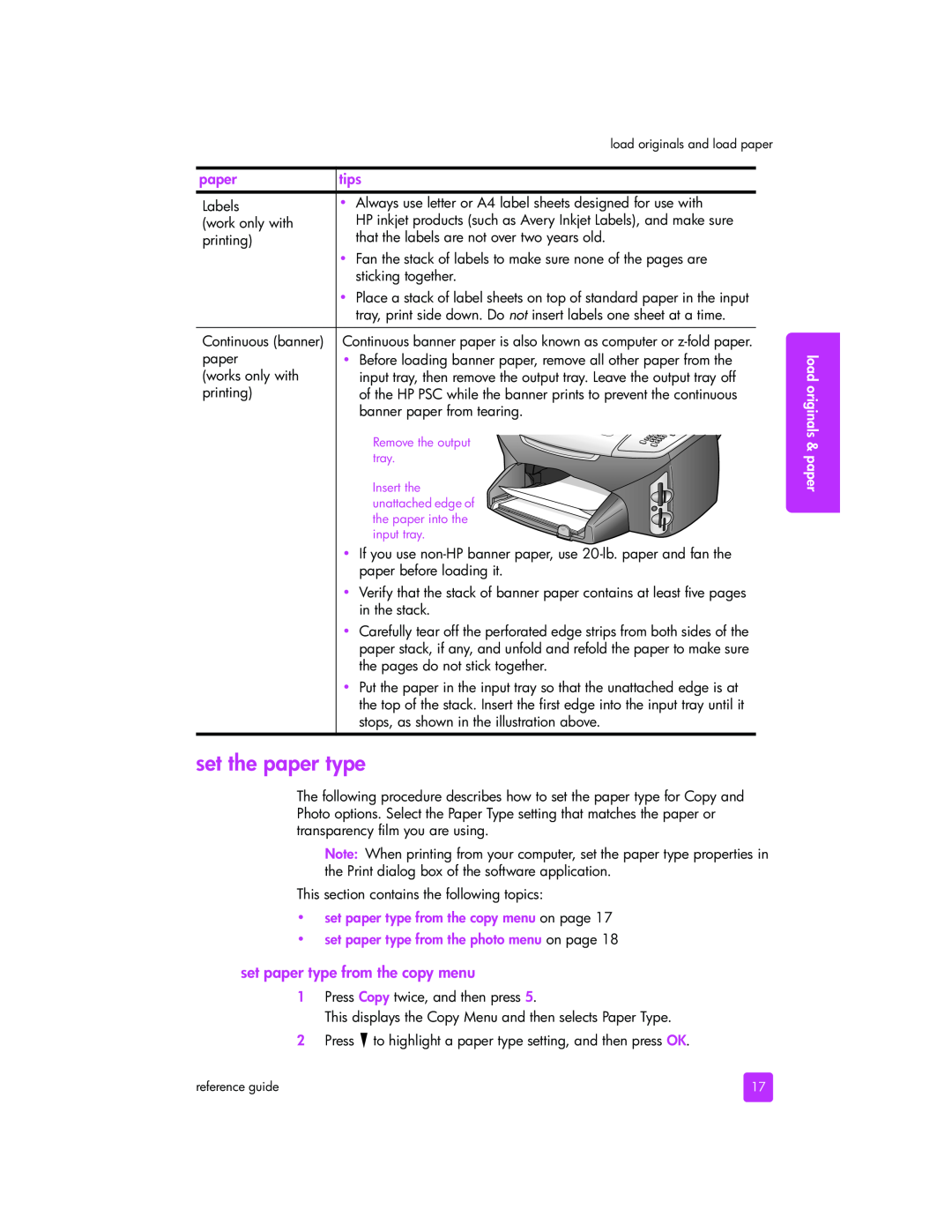HP 2400 2405 (Q3086A) manual set the paper type, set paper type from the copy menu, tips, load originals & paper 