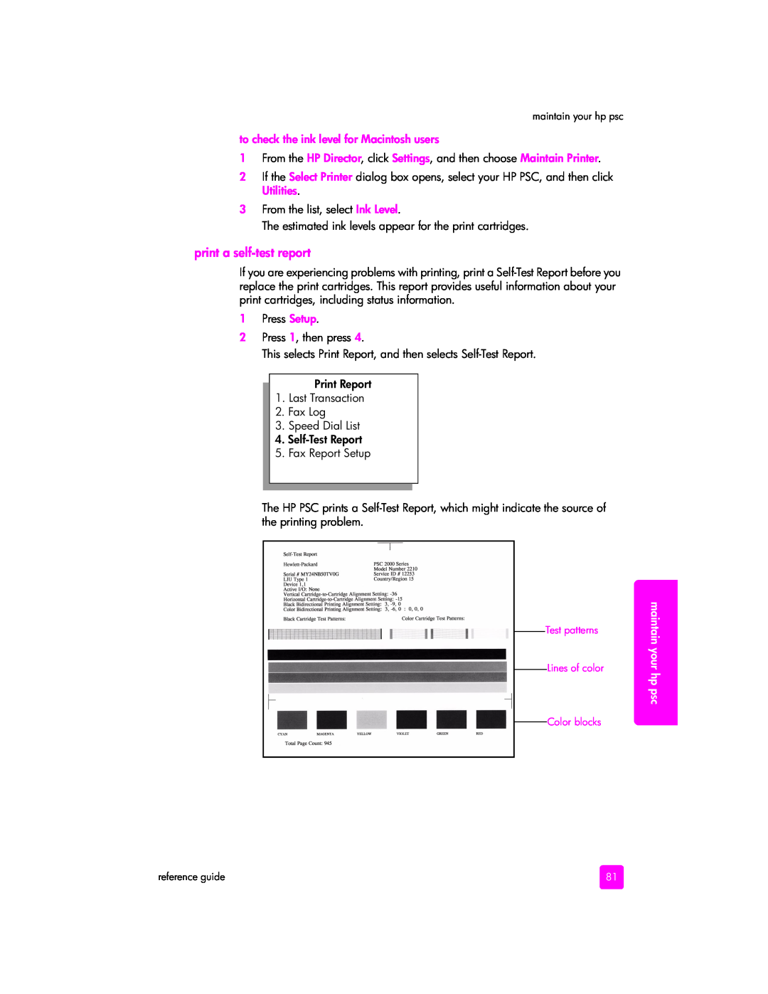 HP 2400 2410xi (Q3088A) manual print a self-test report, to check the ink level for Macintosh users, maintain your hp psc 
