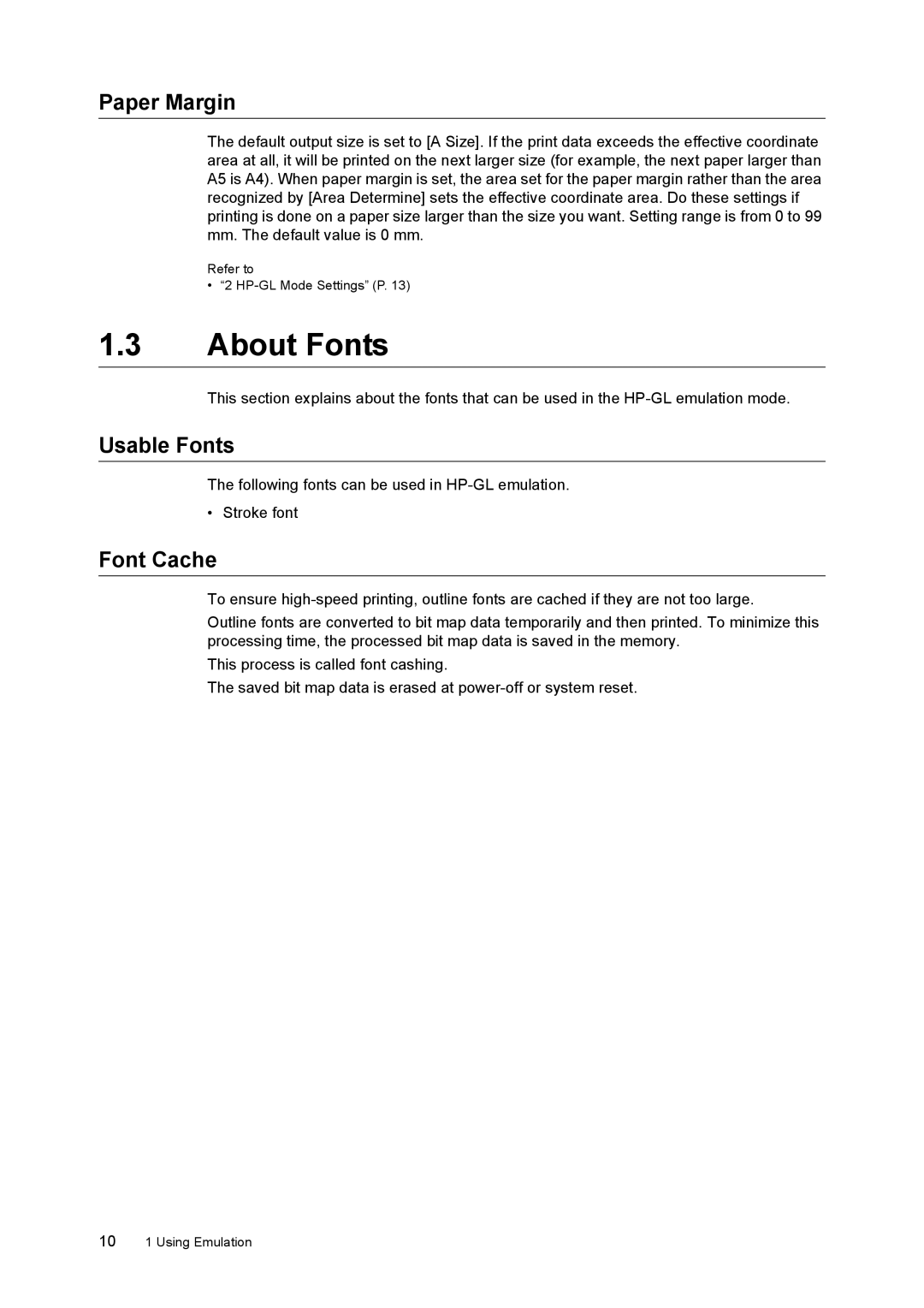 HP 240A, 340A manual About Fonts, Paper Margin, Usable Fonts, Font Cache 