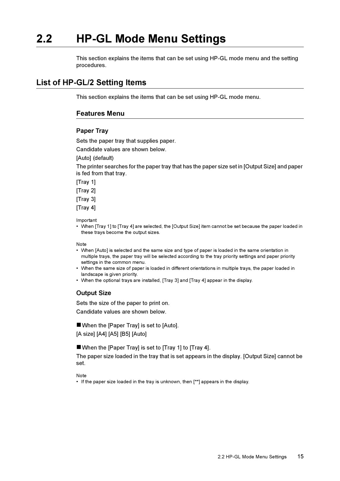 HP 340A, 240A manual HP-GL Mode Menu Settings, List of HP-GL/2 Setting Items, Features Menu, Paper Tray, Output Size 