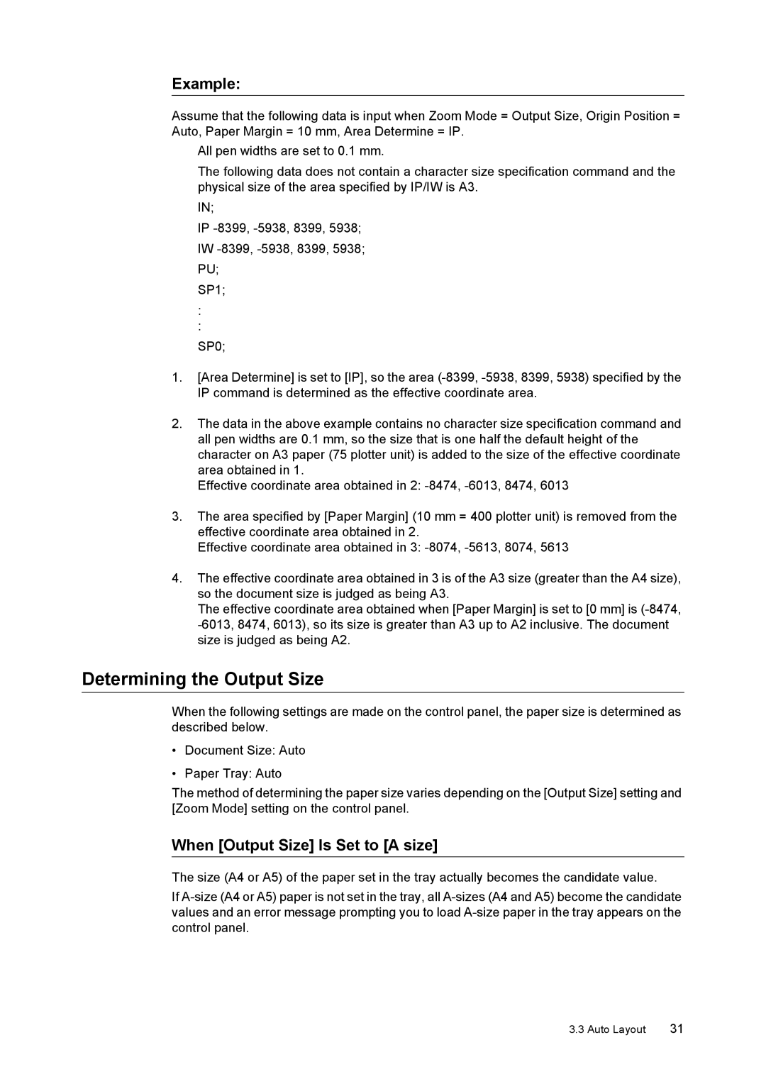 HP 340A, 240A manual Determining the Output Size, Example, When Output Size Is Set to a size 