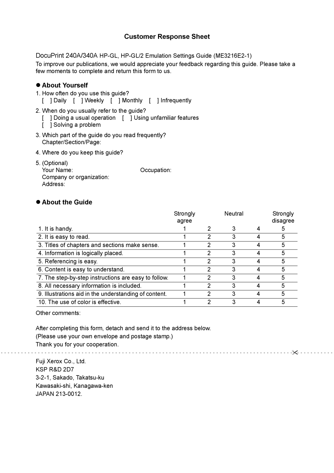 HP 240A, 340A manual Customer Response Sheet, About Yourself, About the Guide 