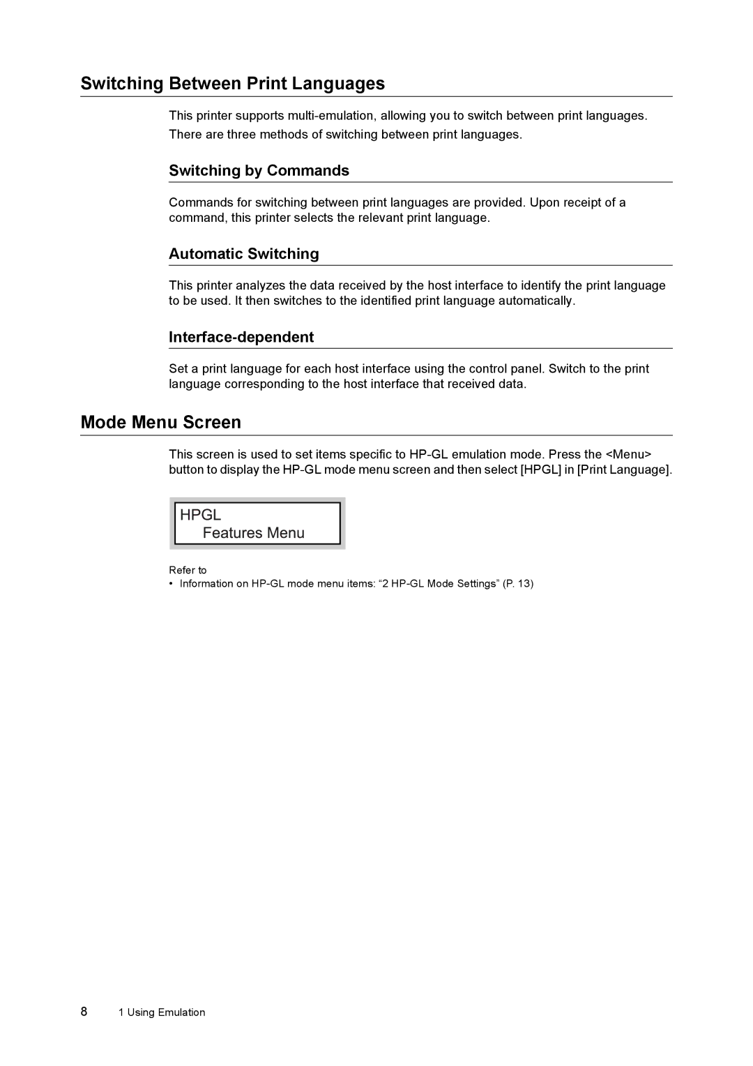 HP 240A, 340A manual Switching Between Print Languages, Mode Menu Screen, Switching by Commands, Automatic Switching 