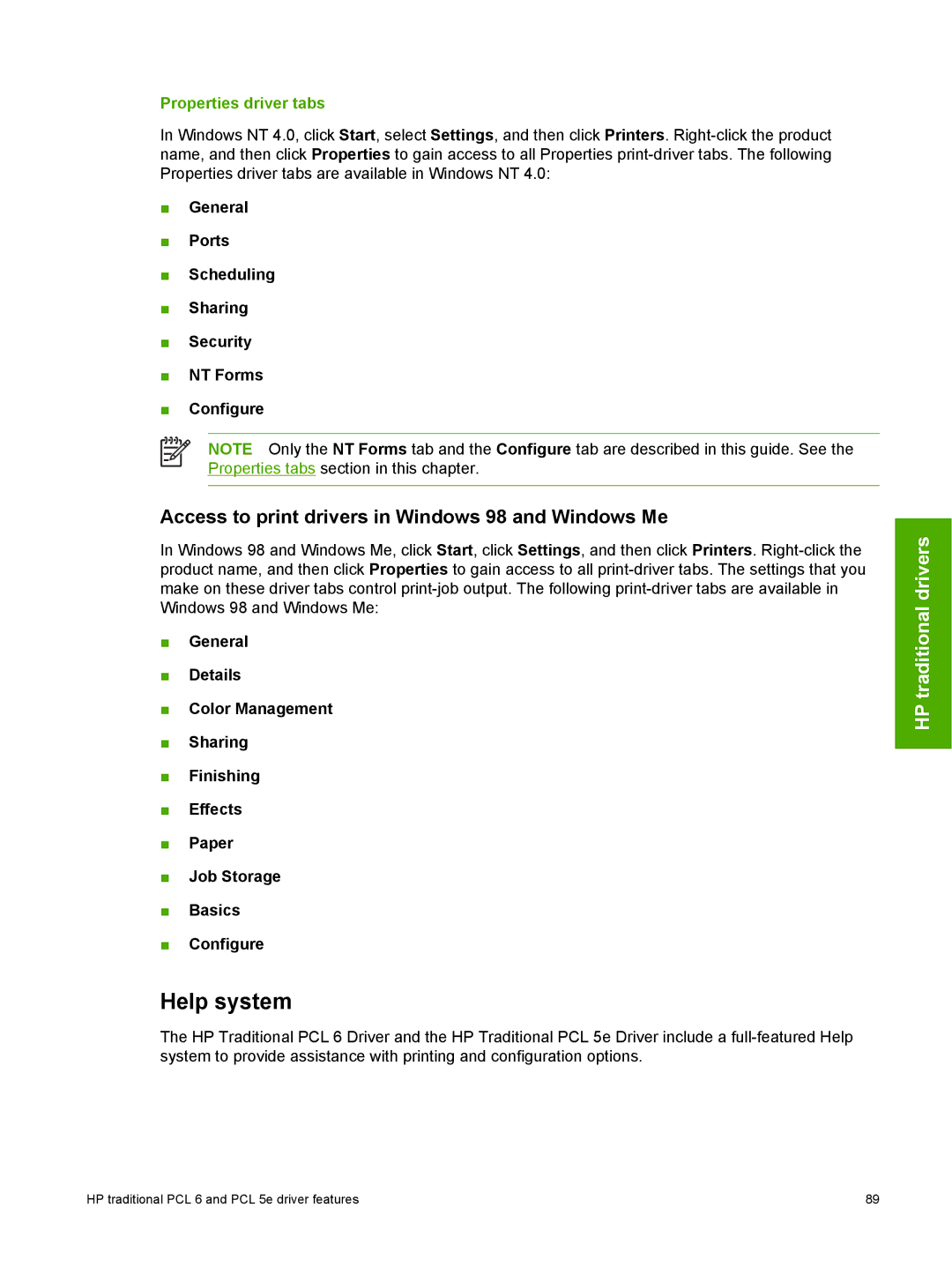 HP 2410 manual Help system, Access to print drivers in Windows 98 and Windows Me, Properties driver tabs 