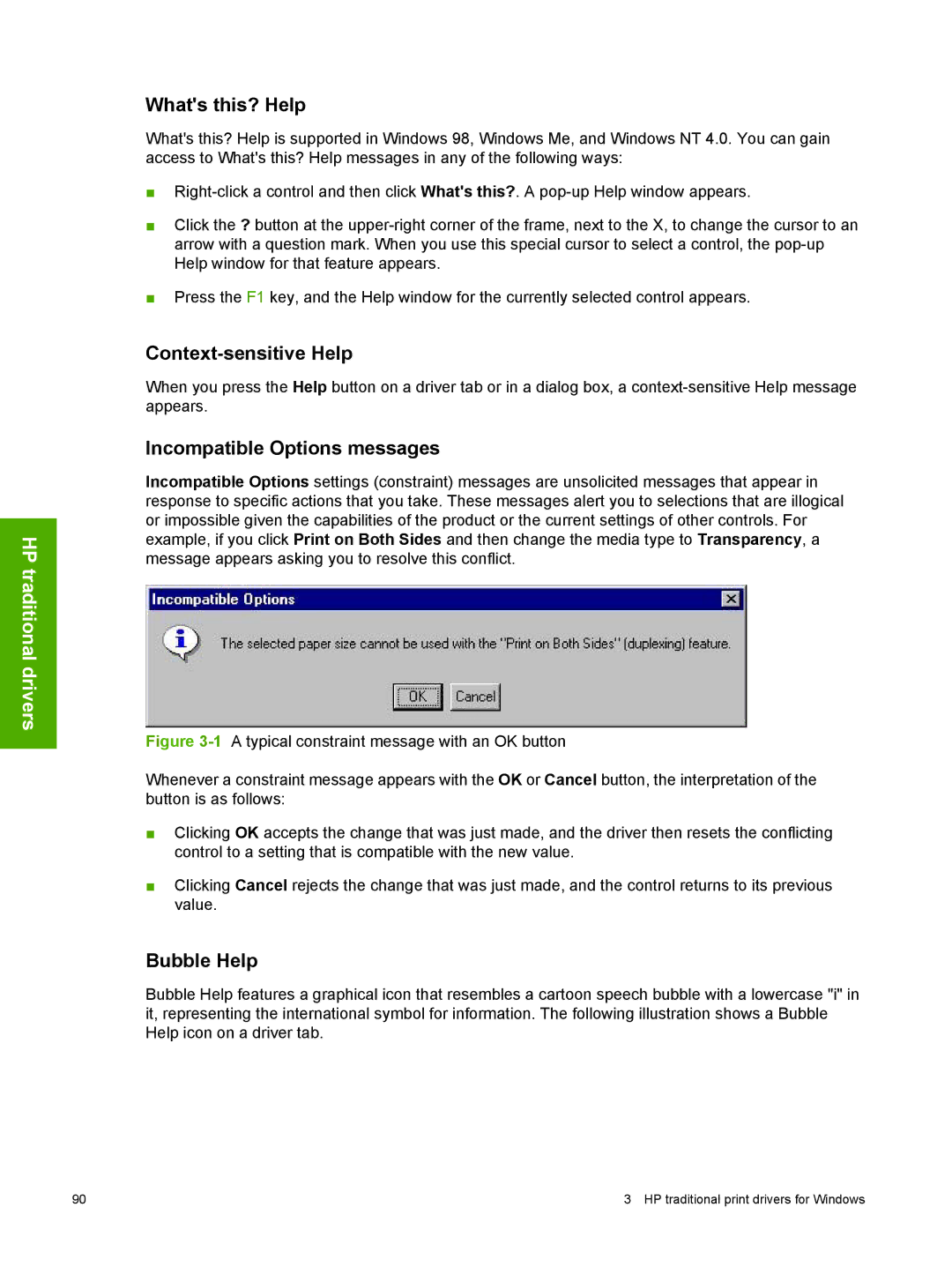 HP 2410 manual Whats this? Help, Context-sensitive Help, Incompatible Options messages, Bubble Help 