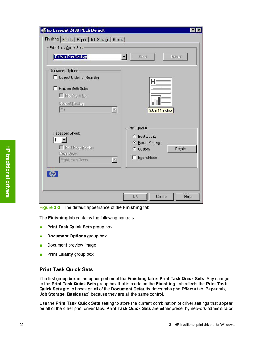 HP 2410 manual Print Task Quick Sets group box Document Options group box, Print Quality group box 