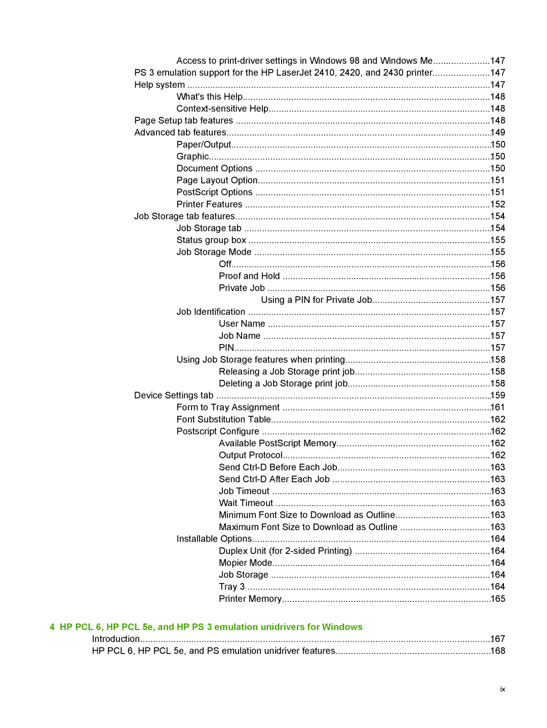 HP 2410 manual 147, HP PCL 6, HP PCL 5e, and PS emulation unidriver features 