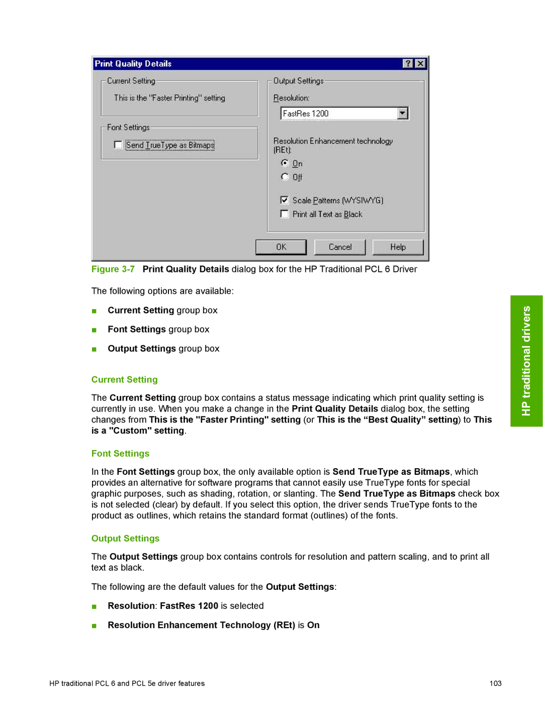 HP 2410 manual Current Setting, Font Settings, Output Settings 