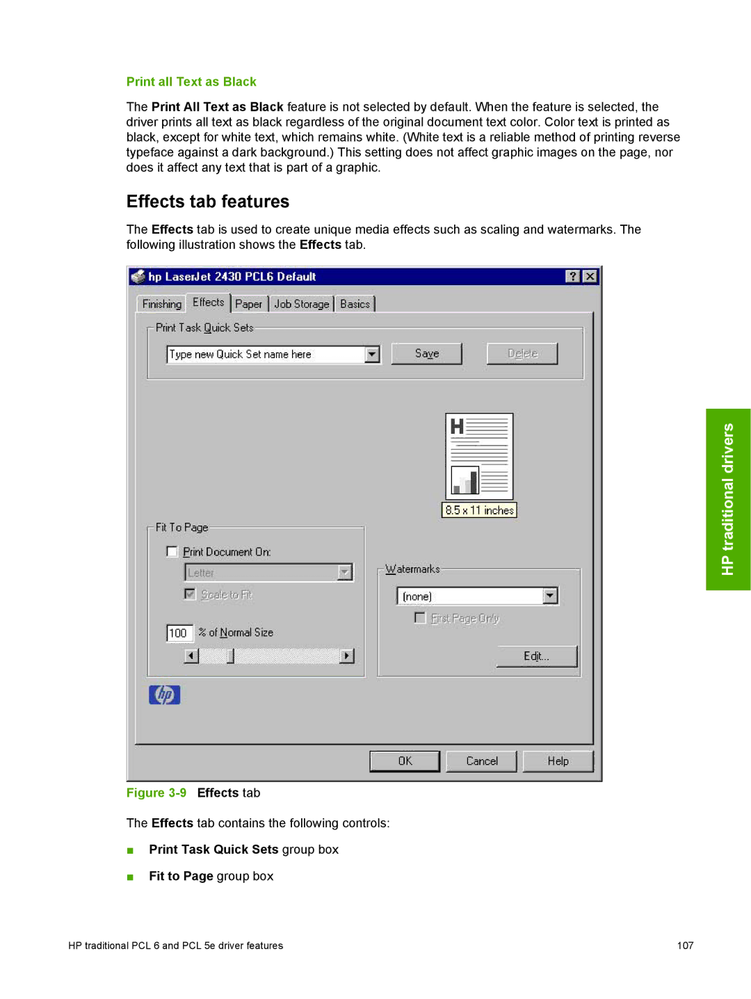 HP 2410 manual Effects tab features, Print Task Quick Sets group box Fit to Page group box 
