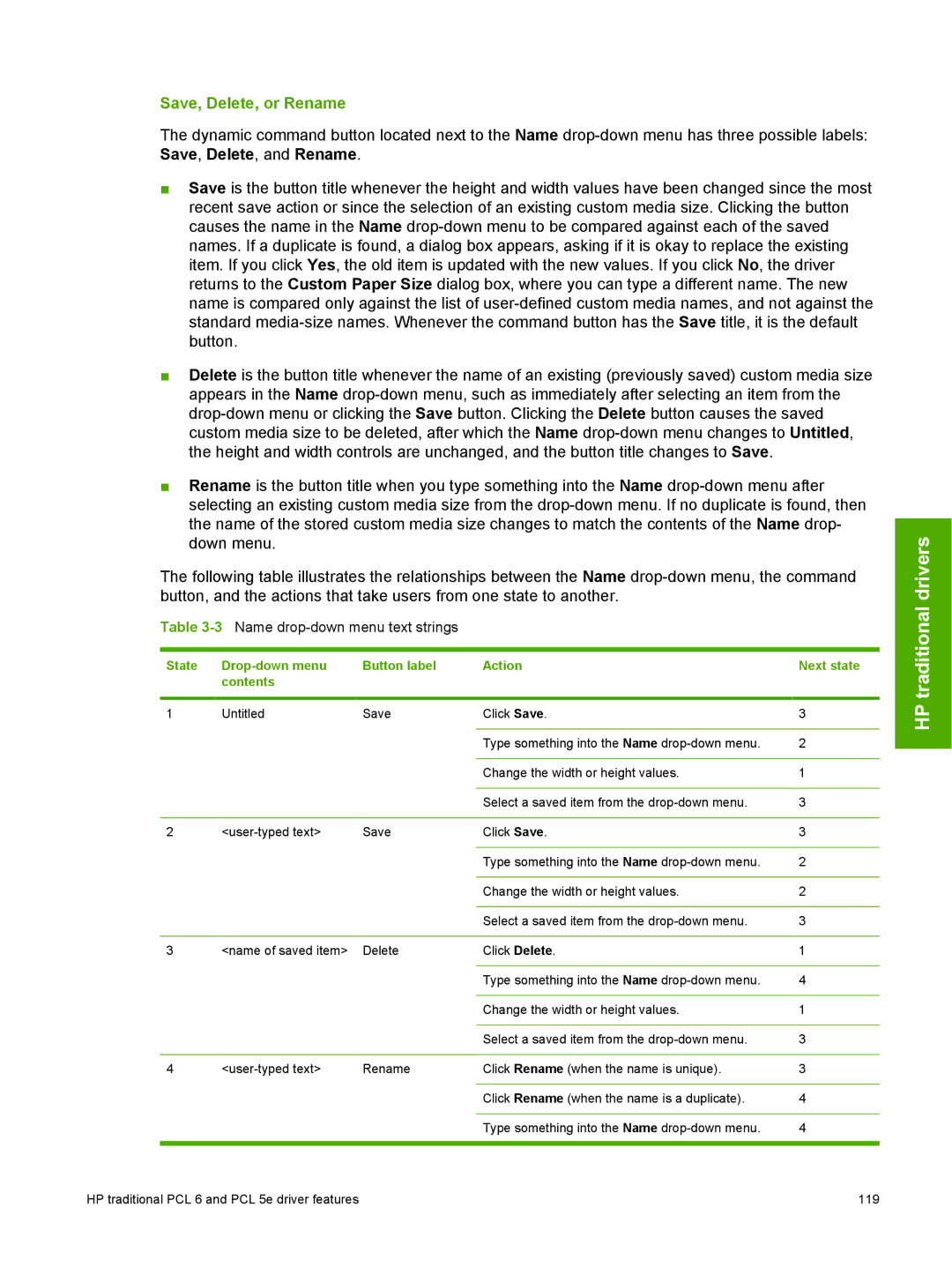 HP 2410 manual Save, Delete, or Rename, 3Name drop-down menu text strings 