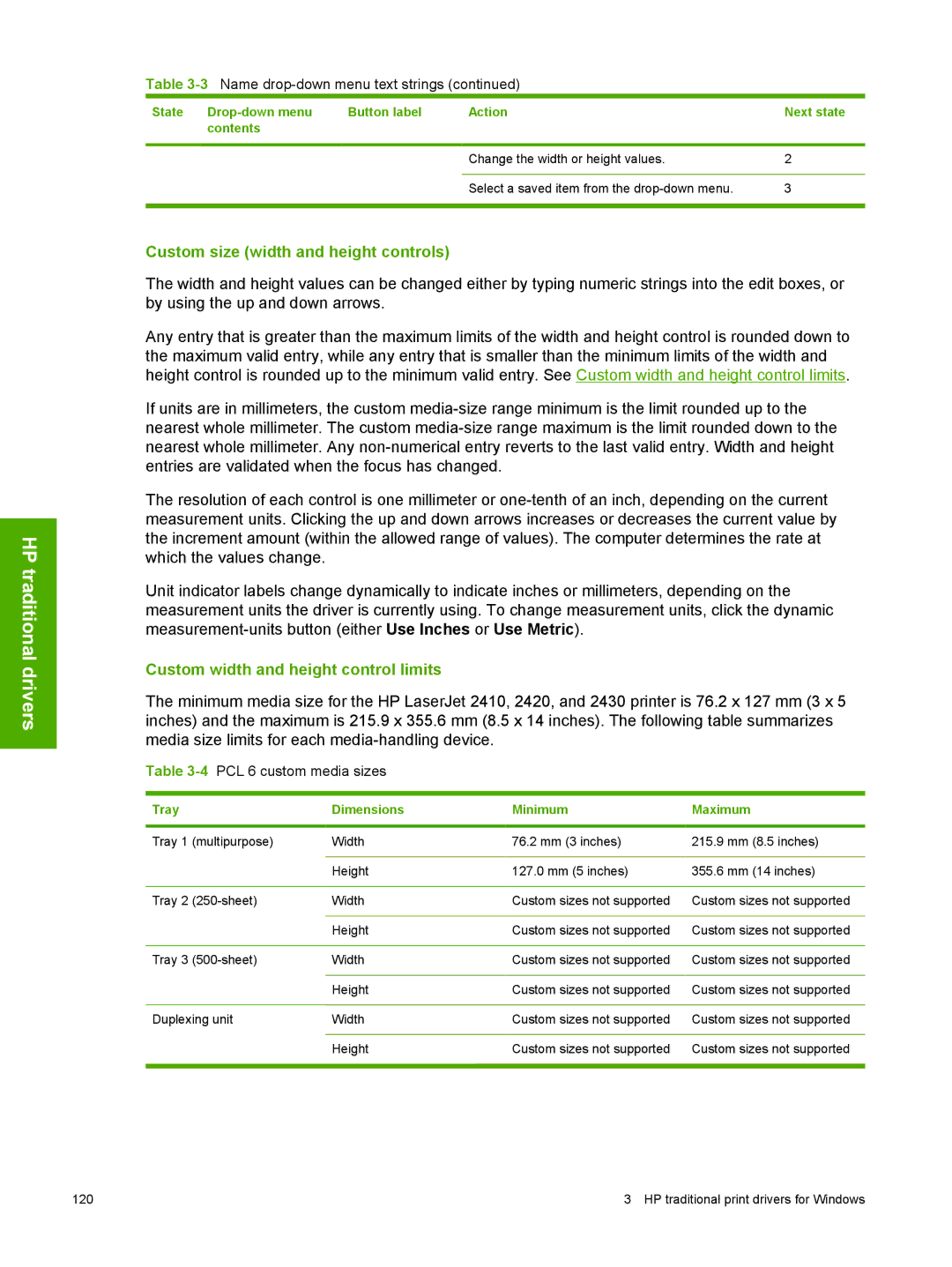 HP 2410 manual Custom size width and height controls, Custom width and height control limits, 4PCL 6 custom media sizes 