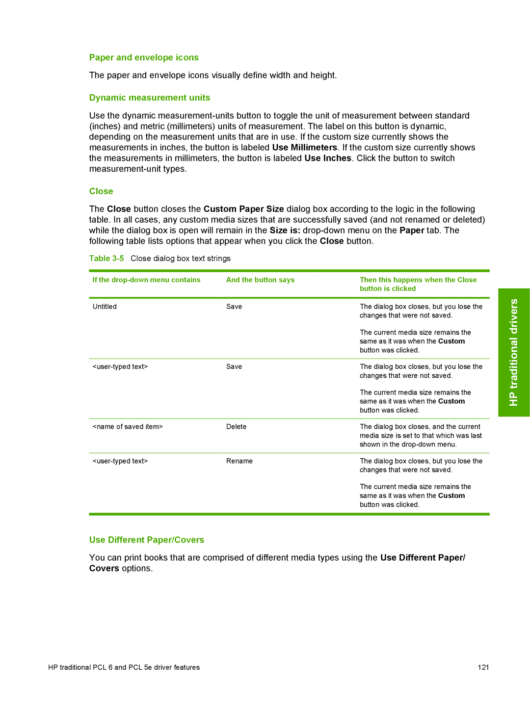 HP 2410 manual Paper and envelope icons, Dynamic measurement units, 5Close dialog box text strings 