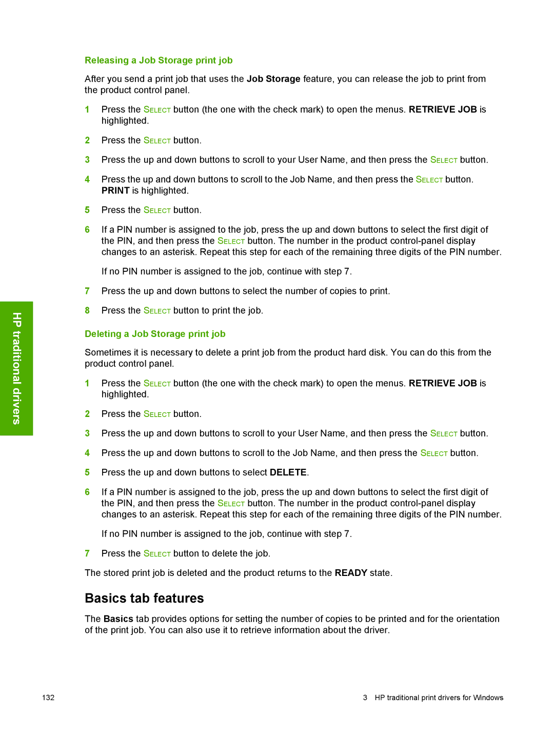HP 2410 manual Basics tab features, Releasing a Job Storage print job, Deleting a Job Storage print job 
