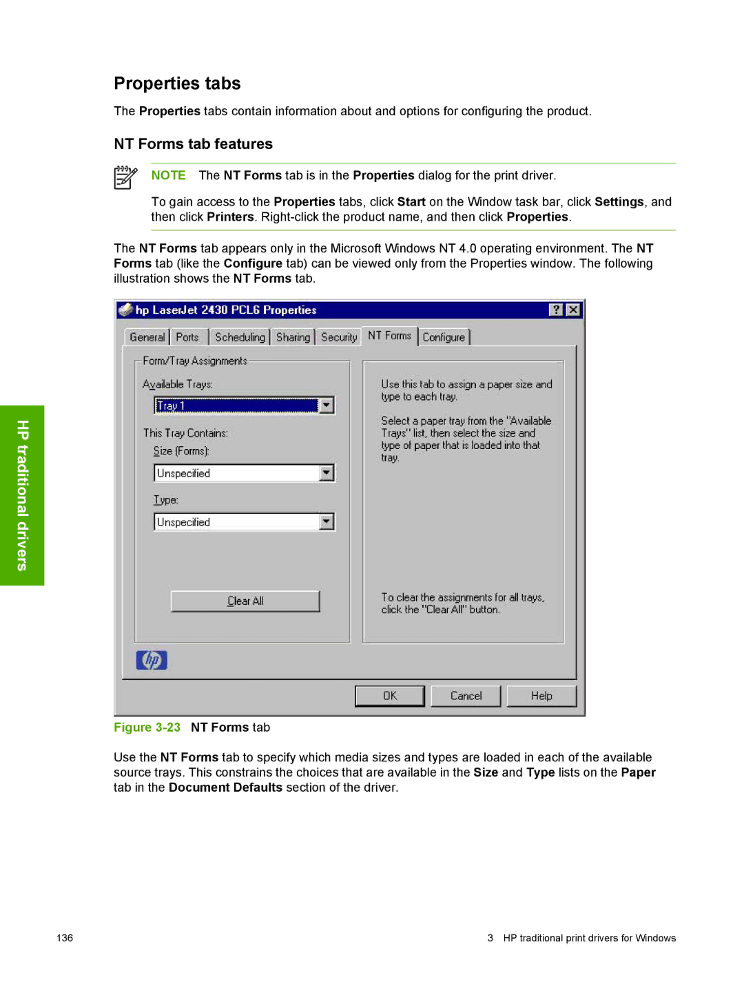 HP 2410 manual Properties tabs, NT Forms tab features 