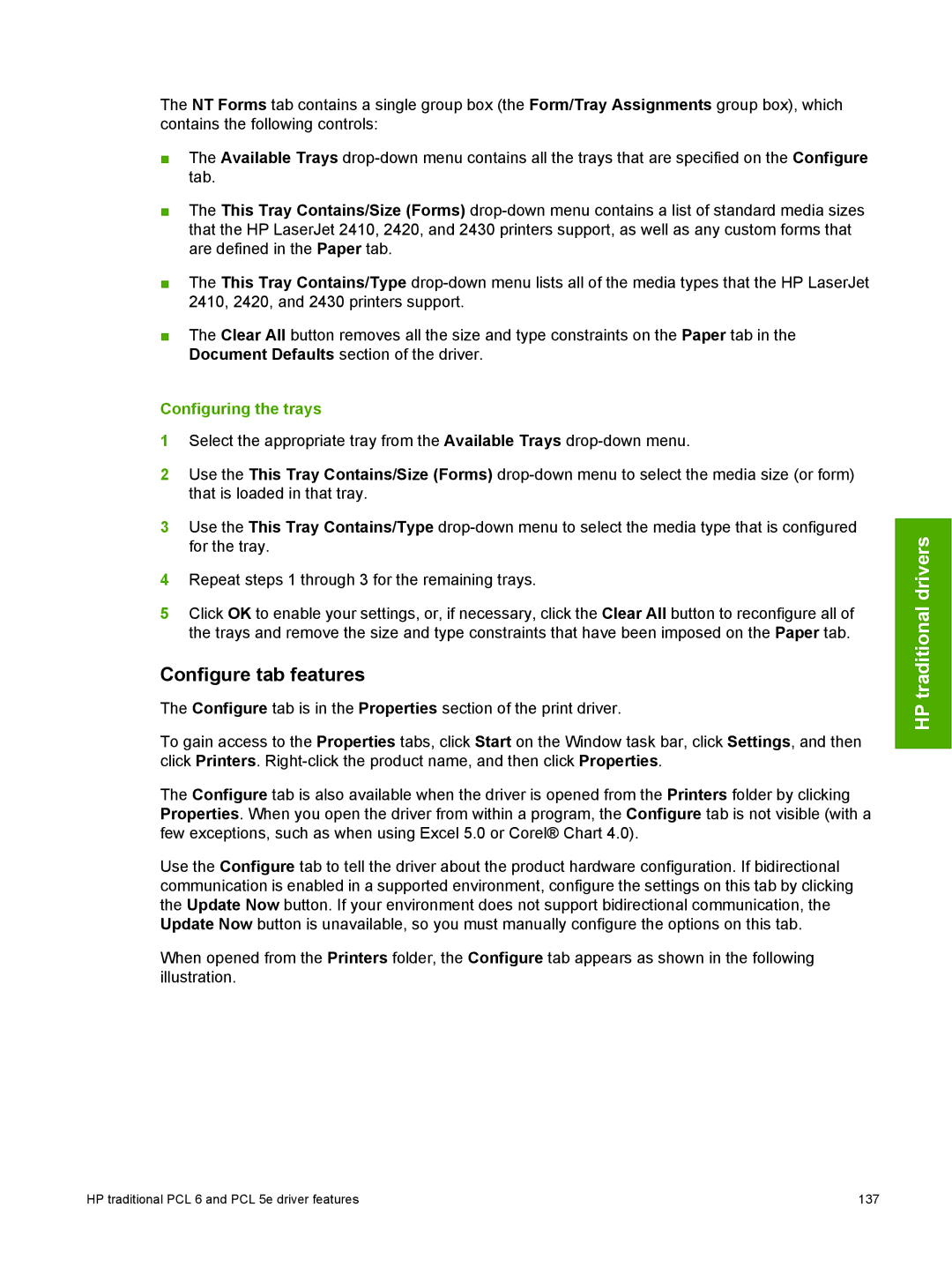 HP 2410 manual Configure tab features, Configuring the trays 