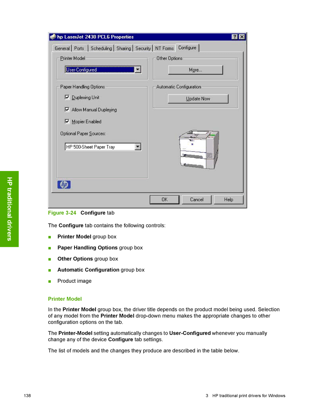 HP 2410 manual Configure tab, Printer Model 