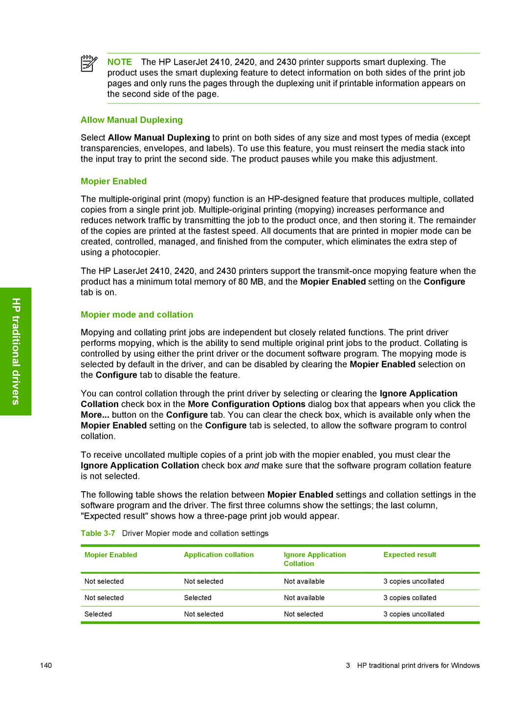 HP 2410 manual Allow Manual Duplexing, Mopier Enabled, 7Driver Mopier mode and collation settings 