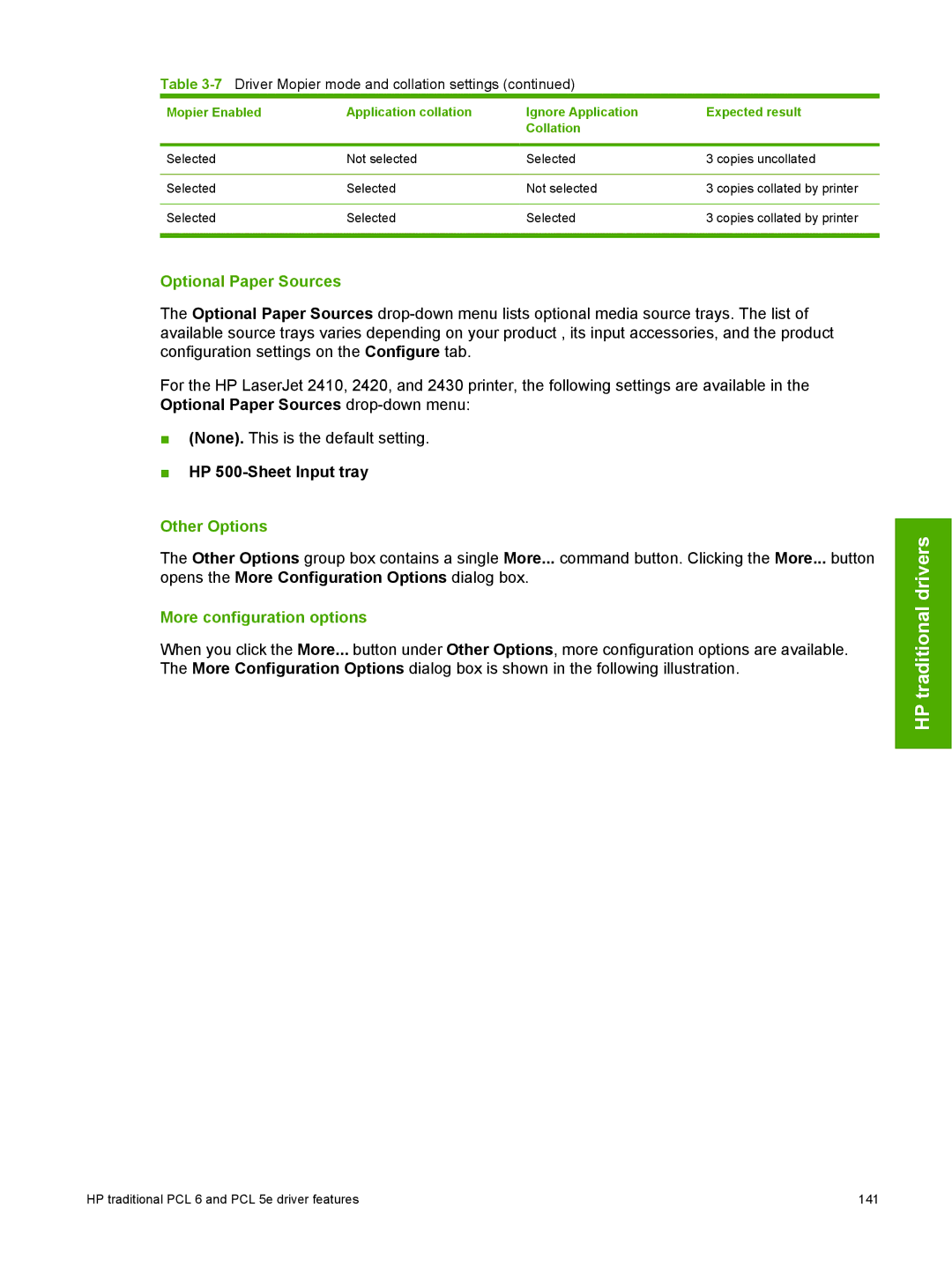HP 2410 manual Optional Paper Sources, HP 500-Sheet Input tray, Other Options, More configuration options 