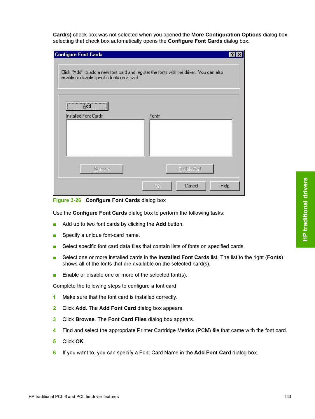 HP 2410 manual 26Configure Font Cards dialog box 