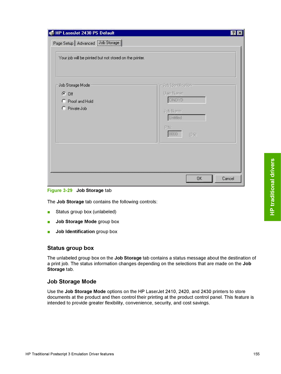 HP 2410 manual Job Storage tab, Job Storage Mode group box Job Identification group box 