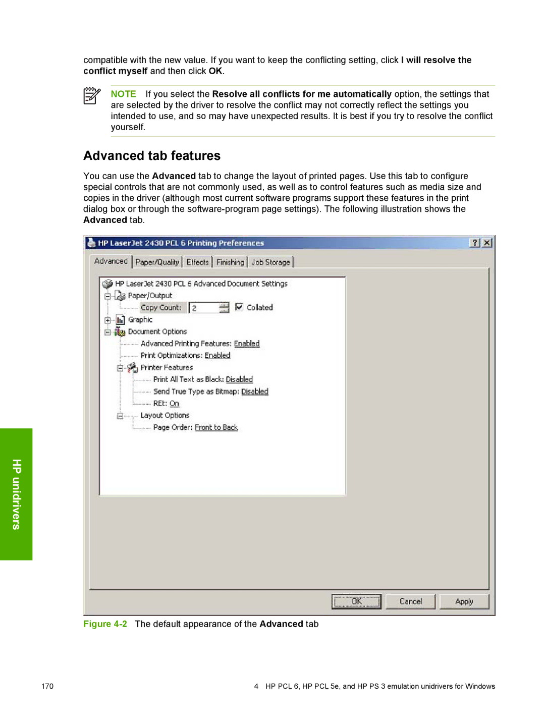 HP 2410 manual 2The default appearance of the Advanced tab 