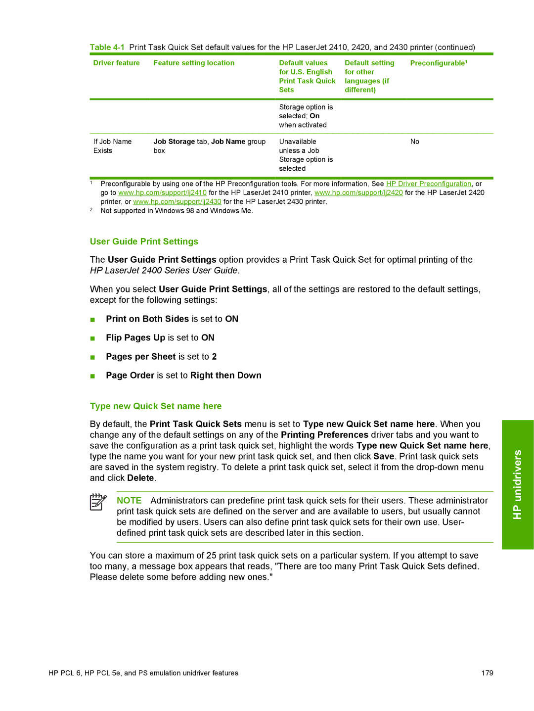 HP 2410 manual User Guide Print Settings, Type new Quick Set name here 