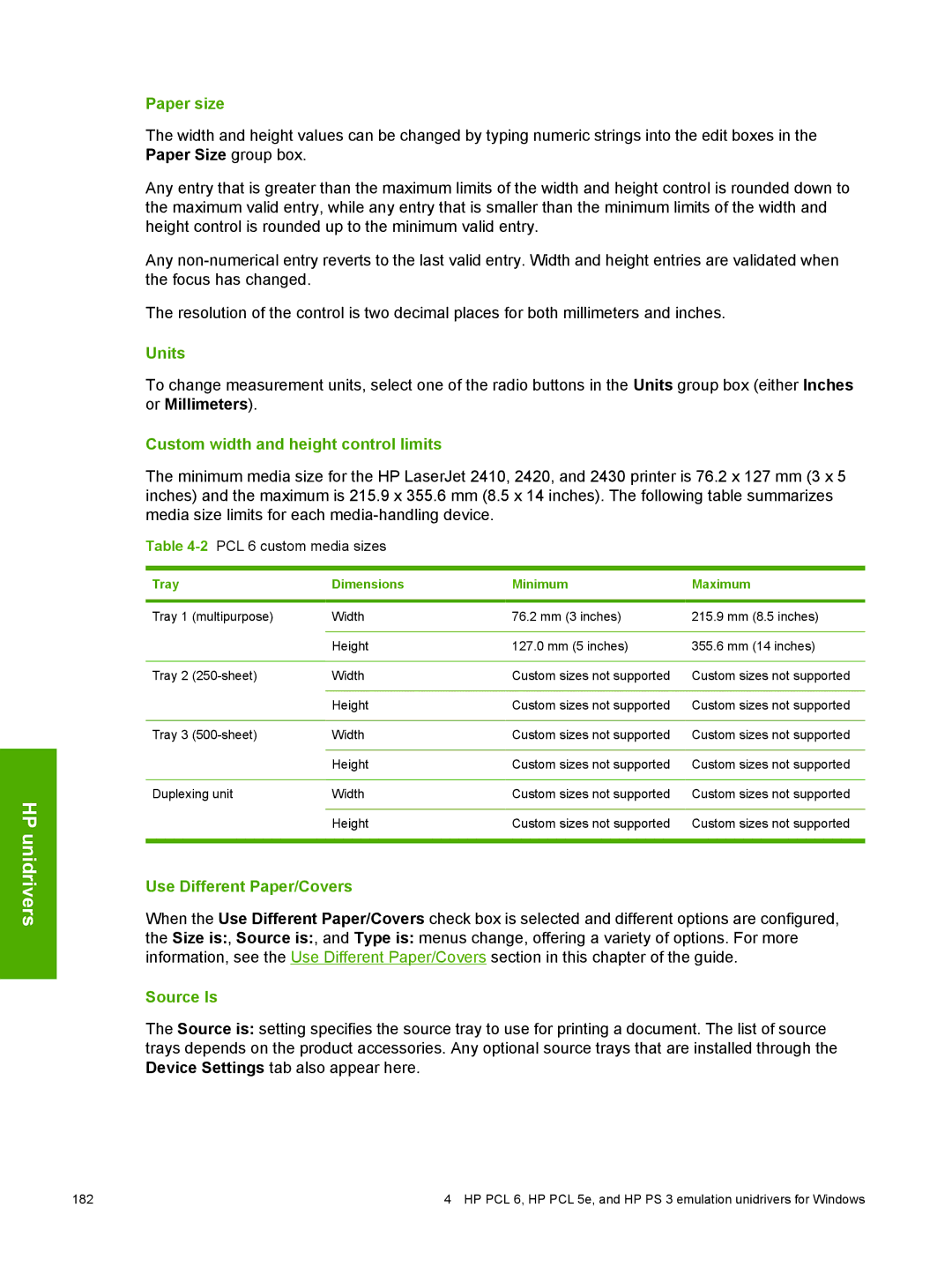 HP 2410 manual Paper size, Units, 2PCL 6 custom media sizes 