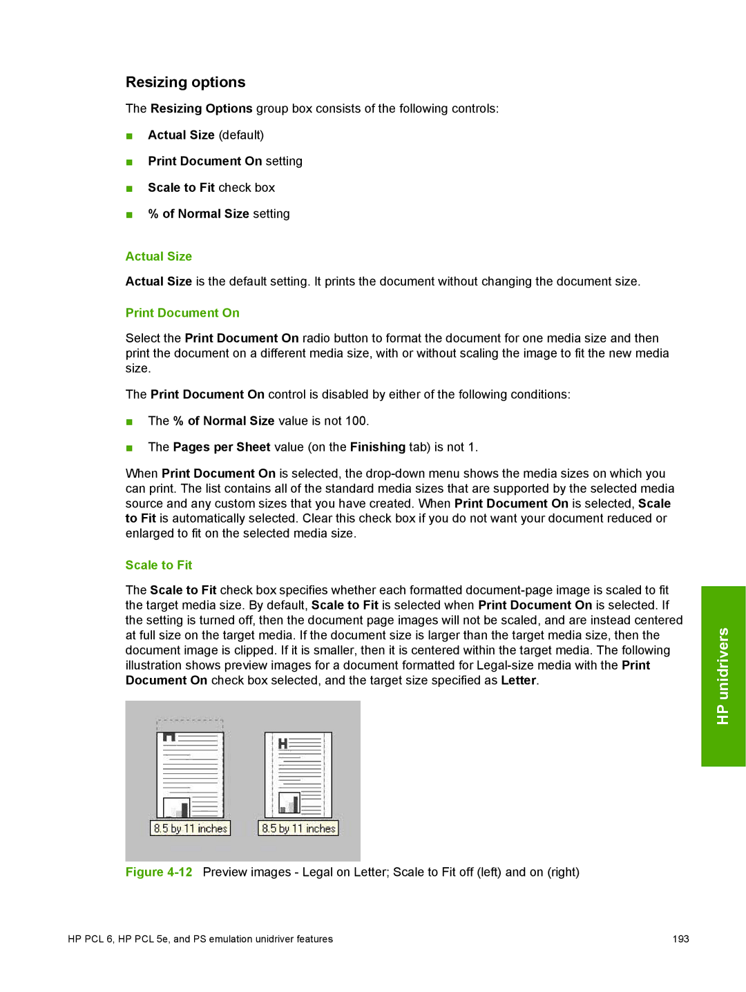 HP 2410 manual Resizing options, Actual Size 