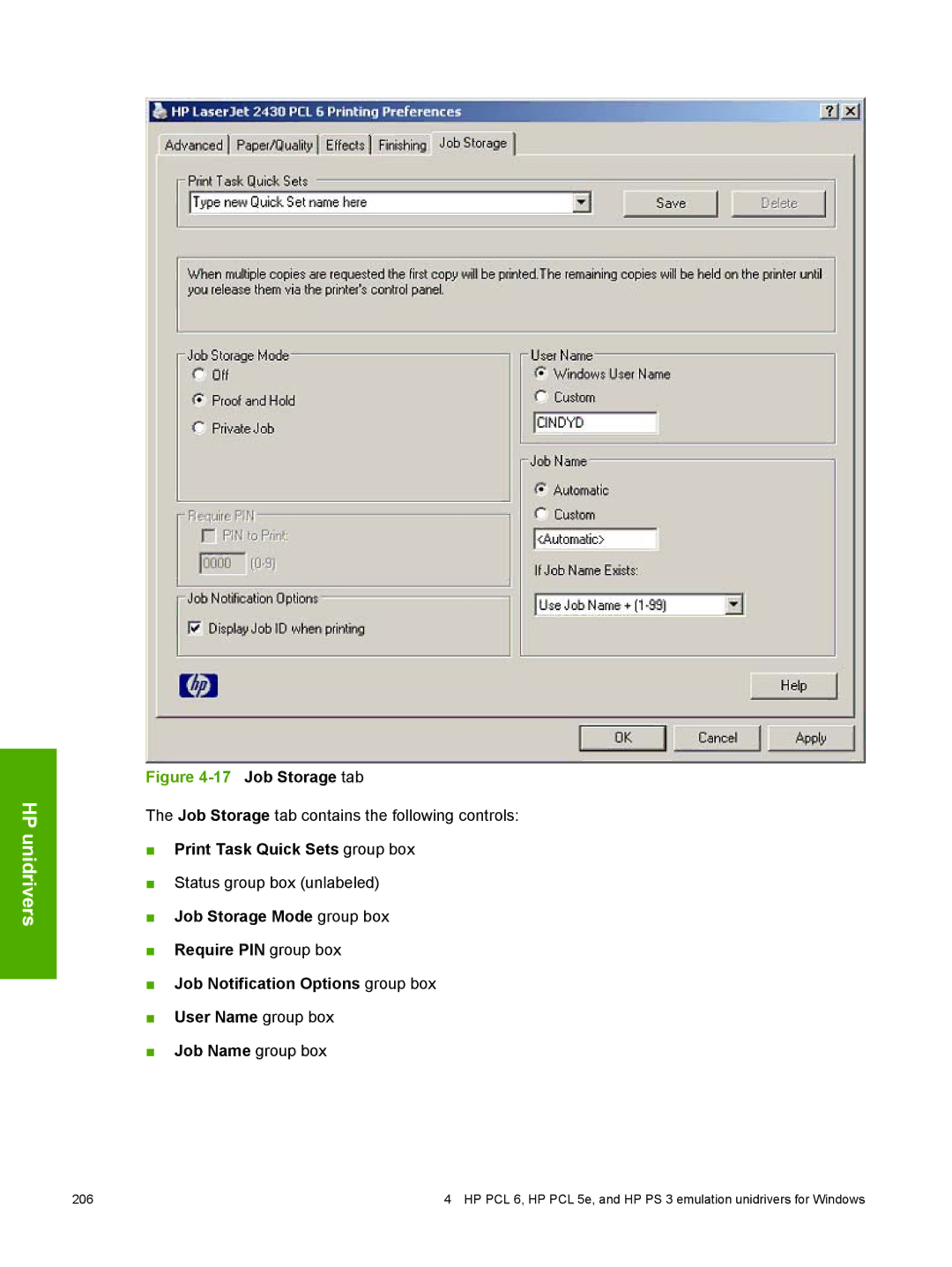 HP 2410 manual Job Storage tab 