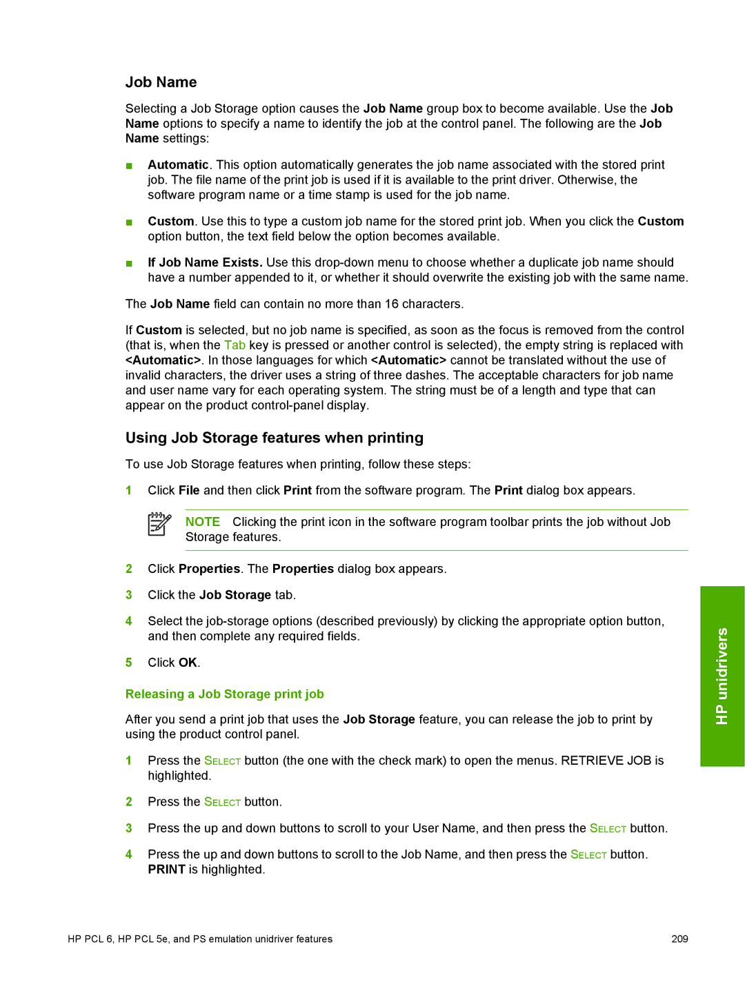HP 2410 manual HP PCL 6, HP PCL 5e, and PS emulation unidriver features 209 