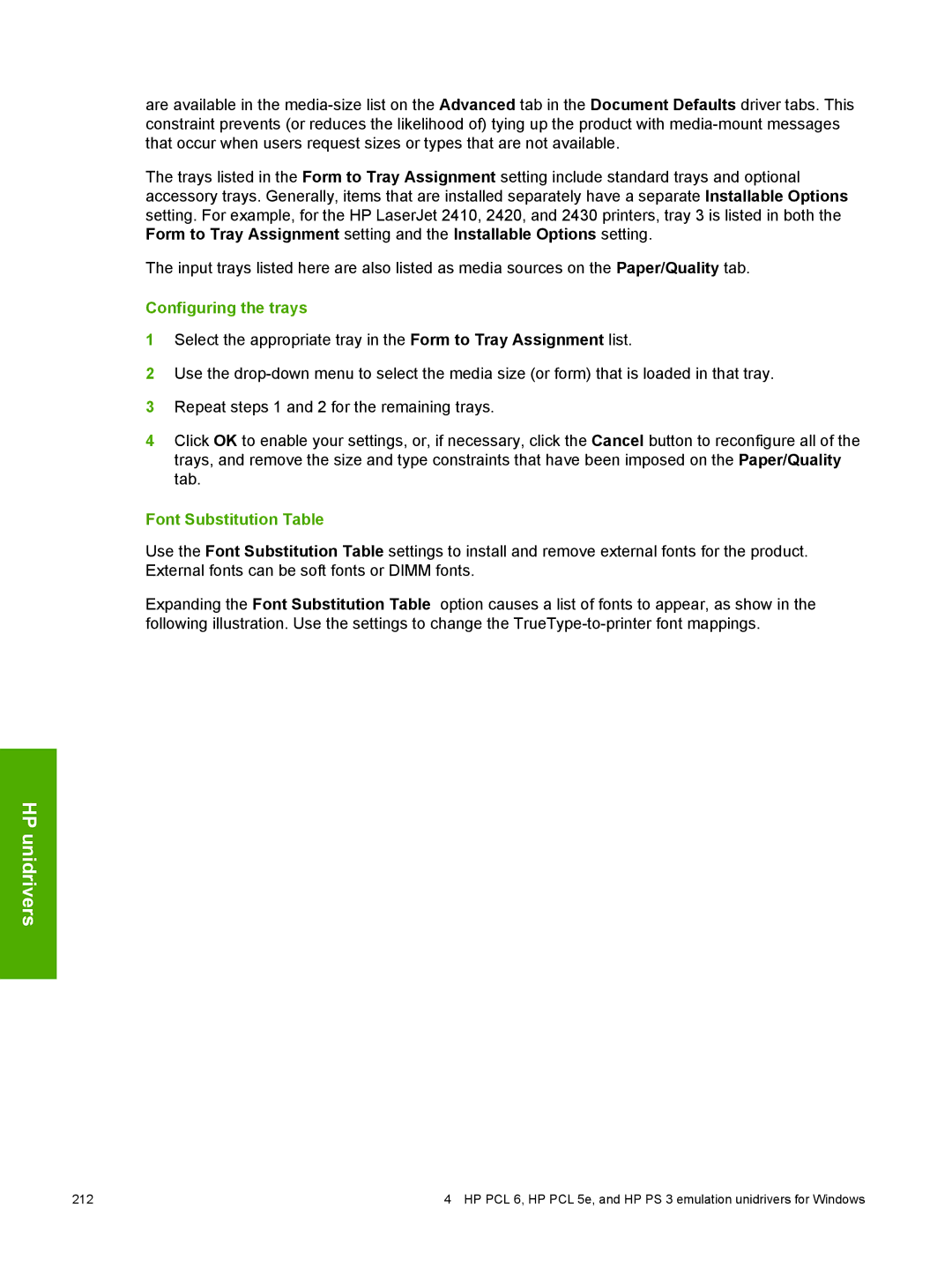 HP 2410 manual Configuring the trays, Font Substitution Table 