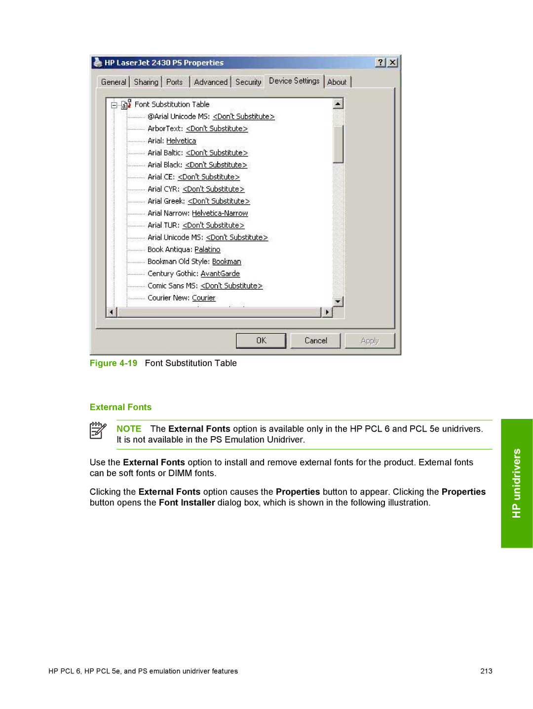 HP 2410 manual 19Font Substitution Table, External Fonts 