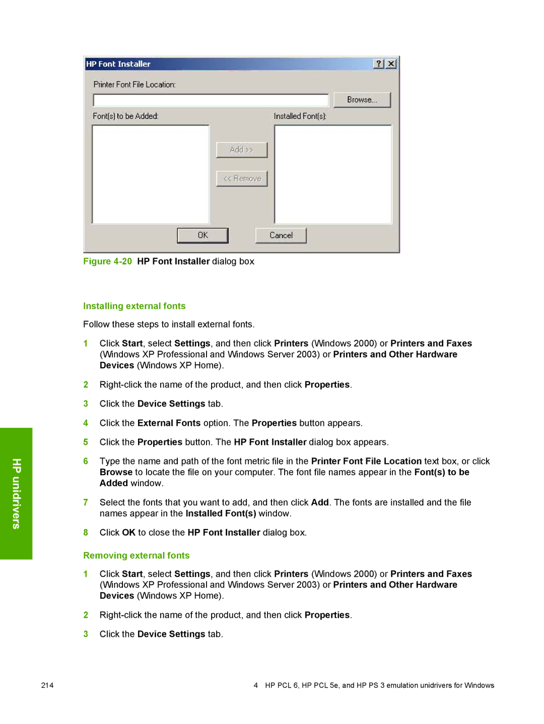 HP 2410 manual Installing external fonts, Click the Device Settings tab, Removing external fonts 