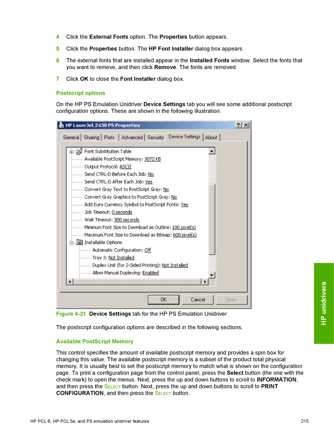 HP 2410 manual Postscript options, Available PostScript Memory 