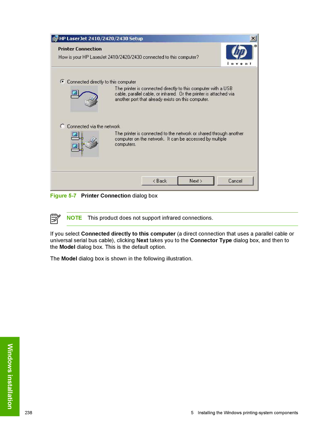 HP 2410 manual 7Printer Connection dialog box 