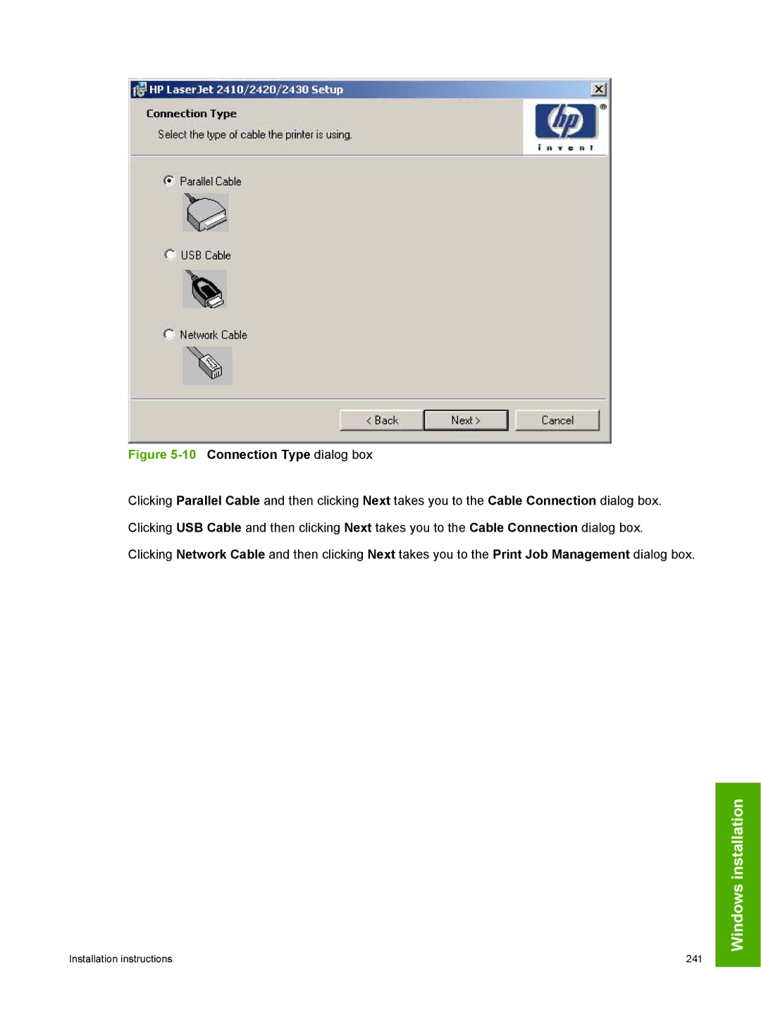 HP 2410 manual 10Connection Type dialog box 